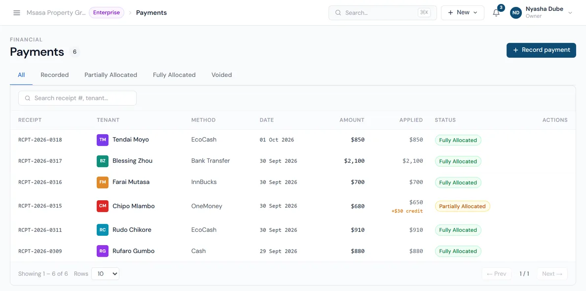 The PropHaven payments screen listing receipts paid by EcoCash, bank transfer, InnBucks, OneMoney and cash, with one part-allocated payment showing $30 credit.