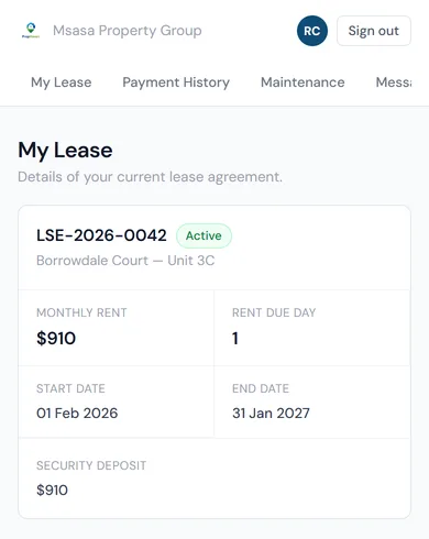 The tenant portal's My Lease page: lease number, property and unit, monthly rent, due day, dates and deposit.