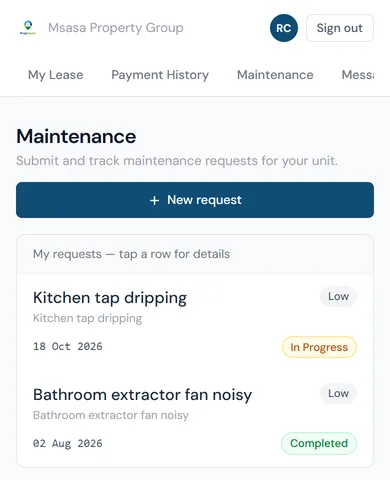 The tenant portal's maintenance page on a phone, with a New request button and two requests: one in progress, one completed.