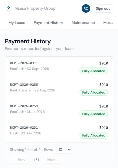 The tenant portal's payment history: EcoCash, bank transfer and cash payments, each fully allocated.